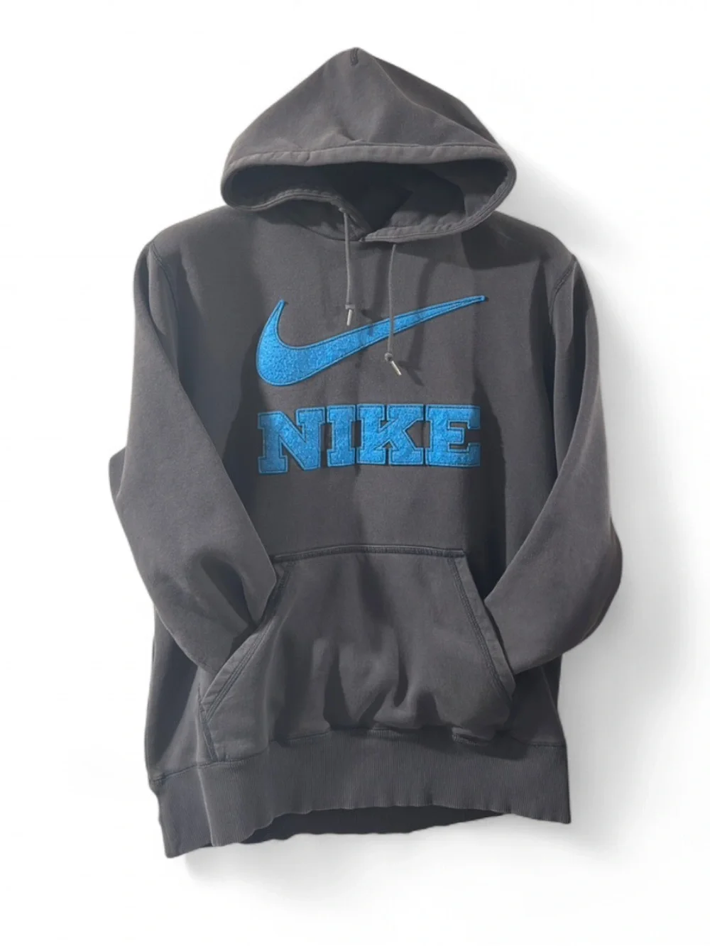 Y2K Nike Blue Swoosh & Logo Appliqué Grey Hoodie Sweatshirt Size Men’s Large